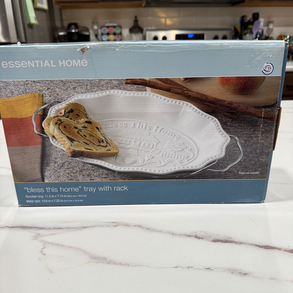 Essential Home “Bless This Home” Porcelain Tray with Rack